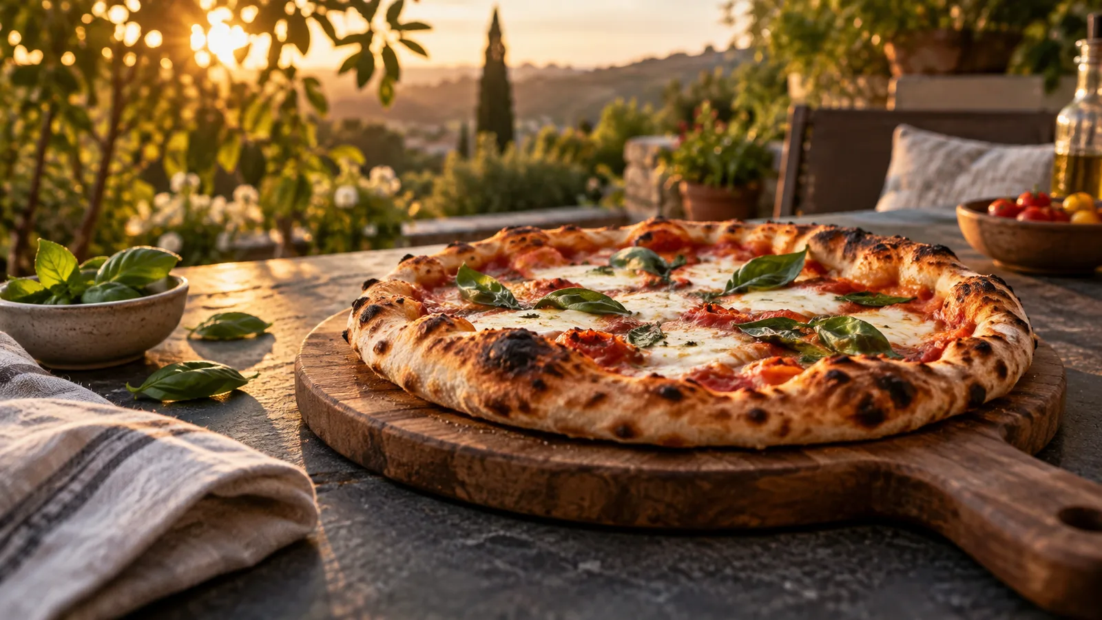Pizza on a wooden board at an outdoor table.